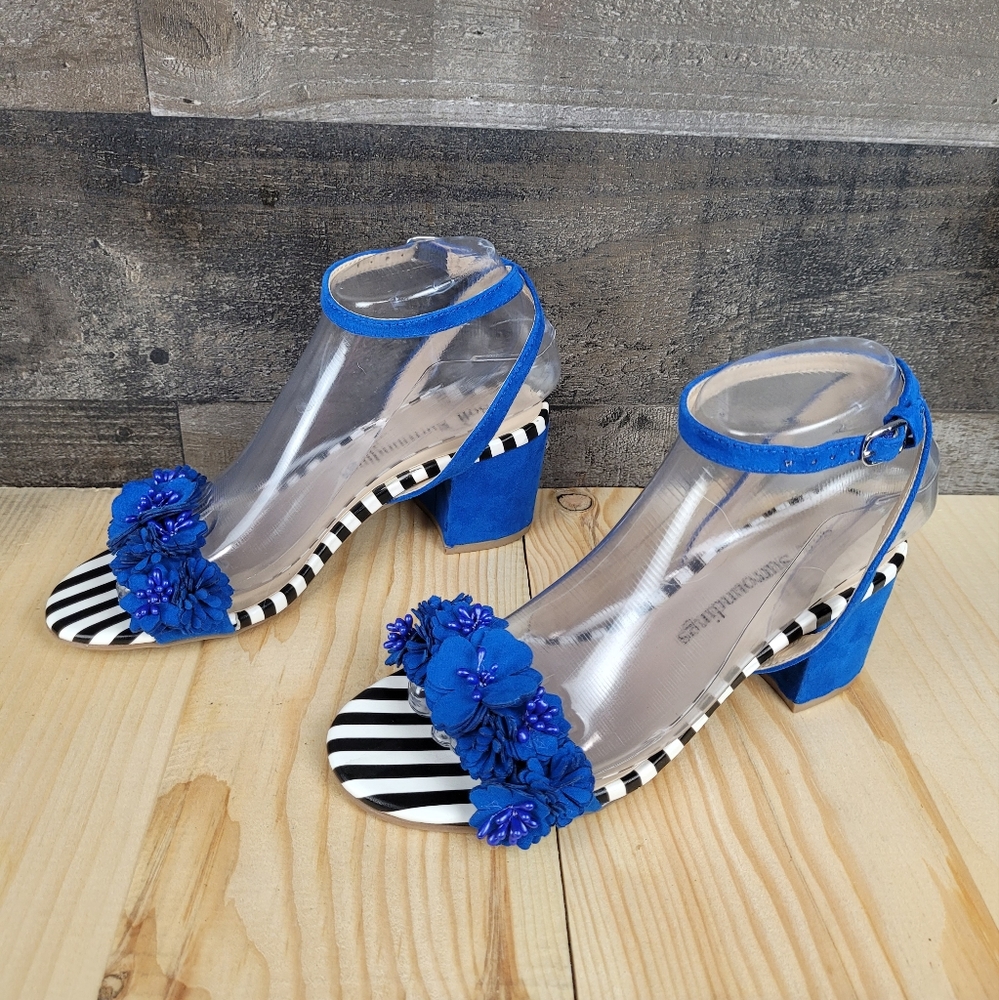 Soft Surroundings Block Heel Stripe and Flower Royal Blue Heel Sandals